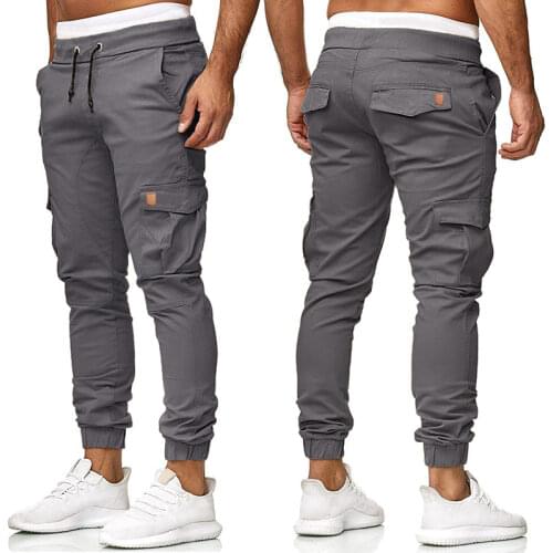 Cargo Pants Men Skinny Jeans Trousers Elastic Waist Drawstring Grey Men Pants Fashion Streetwear Flap Pockets Casual Pants 2021