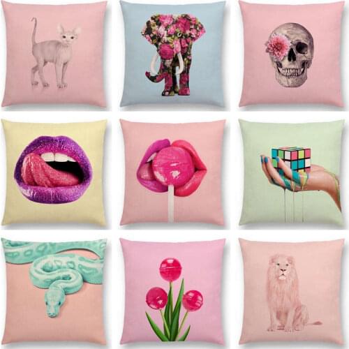 Hot Sale Pink Dream Colorful Fantasy Sexy Color Party Pigment World Lips Lollipop Cube Cat Snake Cushion Decor Sofa Throw Pillow