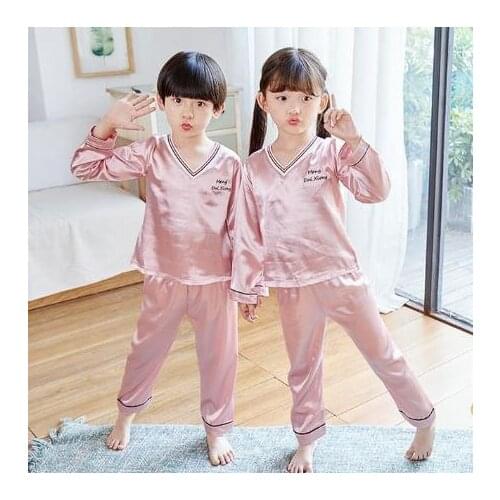 Childrens home service suit girls pajamas long-sleeved silk shirt + pants suit V-neck cute fashion pajamas