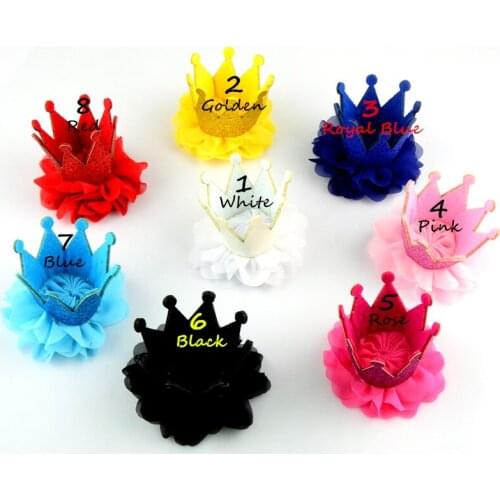 30pcs/lot 8 Color 2.8" Glitter Felt Crown With Chiffon Fabric Flower Flat Back DIY Birthday Party Hat Hair Accessories GC02