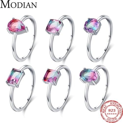 Modian Fashion Cocktail Color Ring Pure 925 Sterling Silver 6 Shape Geometric Tourmaline Finger Rings for Women Fine Jewelry