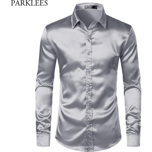 Mens Satin Luxury Dress Shirts Slim Fit Silk Casual Dance Party Shirt for Men Long Sleeve Wrinkle Free Tuxedo Shirt Male Sliver