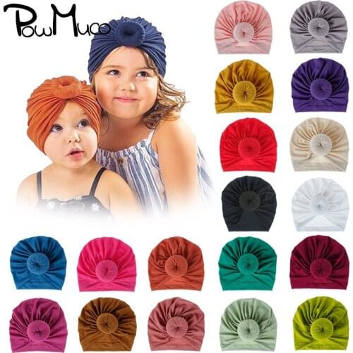 Powmuco 18*16 CM Soft Cotton Newborn Hat Solid Color Donut Baby Girls Caps Handmade Round Ball Toddler Headwear Kids Accessories