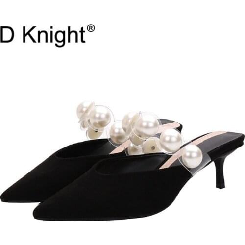 Sexy Pointed Toe High Heels Mules Shoes Women Slippers Plus Size 2020 New Summer Sandals Black Pearl Stiletto Heels Women Slides