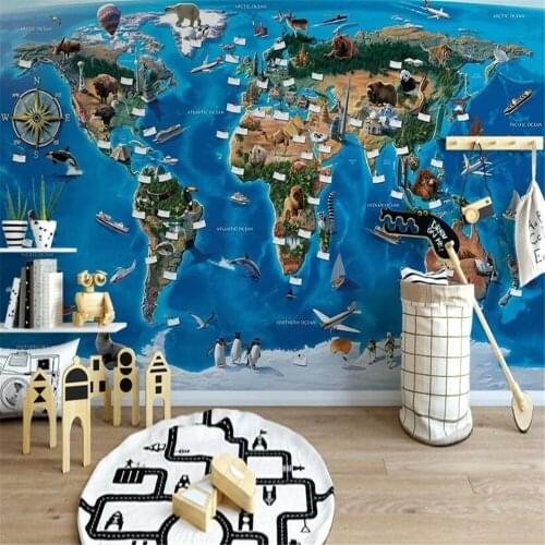 Milofi custom size 3D printed wallpaper mural blue sky animal world distribution map childrens room background wall