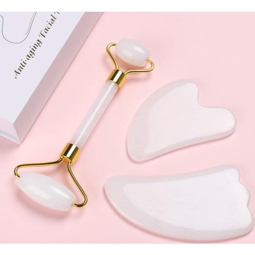 Natural White Jade Roller Massager For Face Gouache Scraper Set Gouache Stone Face Lifting Massage Roller Guasha Skin Care Tool