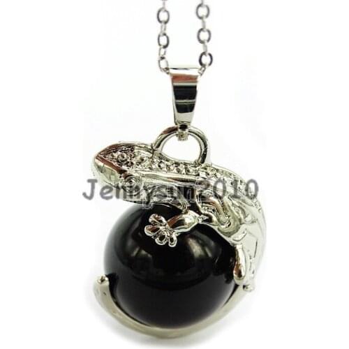 Natural Black Onyx Gem Stone Round Ball Chakra Lizard Pendant Necklace Beads Healing Jewelry Design 10Pcs/Pack