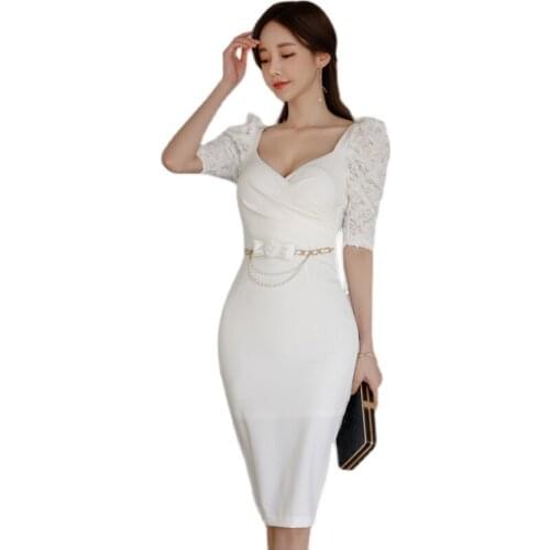 New summer style korean temperament fashion thin sexy v neck lace splicing bubble sleeve belt office party for women dresses