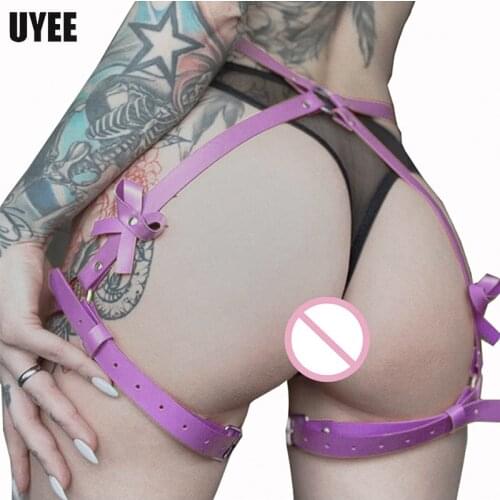 UYEE Purple PU Leather Harness Thigh BDSM Exotic Garter Belts Sexy Body Bondage High Waist Bow-knot Suspenders For Adult Goth