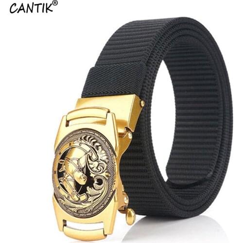 CANTIK Fashion Design Double Horses Head Automatic Buckle Quality Black Canvas & Nylon Belts Men Accessories 3.5cm Width CBCA253