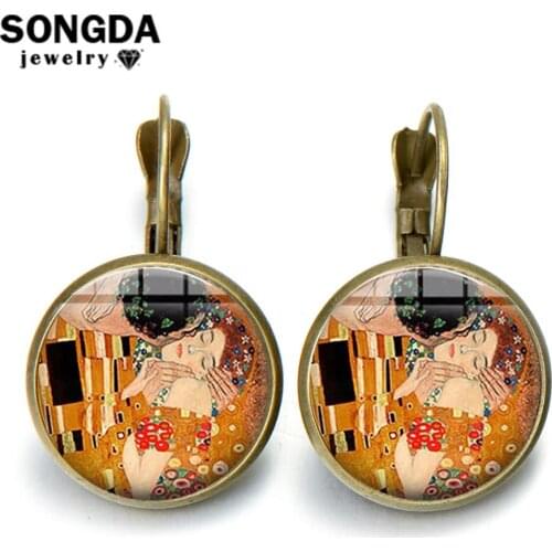 SONGDA Hot Fashion The Kiss Gustav Klimt Cameo Art Earrings Retro Painting Handmade Glass Cabochon Drop Earrings Bridal Jewelry