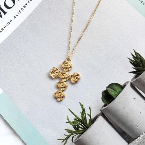 TARCLIY Trendy Carved Rose Flower Creative Cross Pendant Necklace Popular Simple Alloy Sweater Chain Women Retro Jewelry 202104