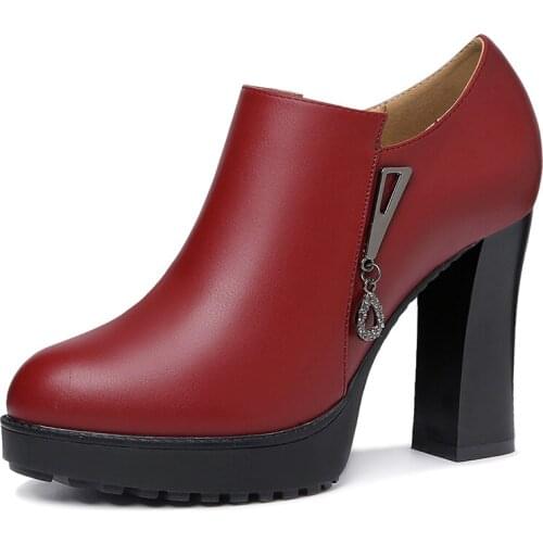 Womens New Fashion Pumps Shoes Ladies Squared High Heel Round Toe Genuine Leather Comrfortable Work Office Pumps Shoes M0380