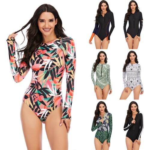 New Diving Rashguard Women UV Sun Protection Long Sleeve Swimsuit Zipper Swimwear Printed Surfing Suit Rash Guards Bathing Suit
