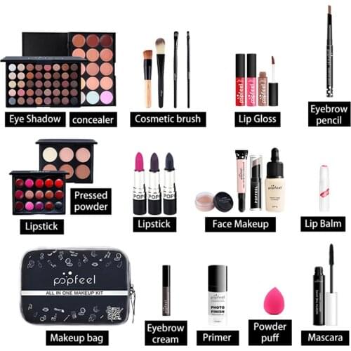 24pcs Portable Makeup Set Gift Concealer Brush Eyebrow Pencil Powder Puff Mascara Eyeshadow Lipstick Lip Gloss With Storage Bag