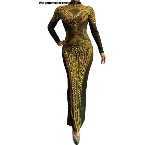 Sparkly Gold Rhinestones See Through Black Dress Prom Party Mesh Outfit Women Dance Dress Birthday Celebrate Dress