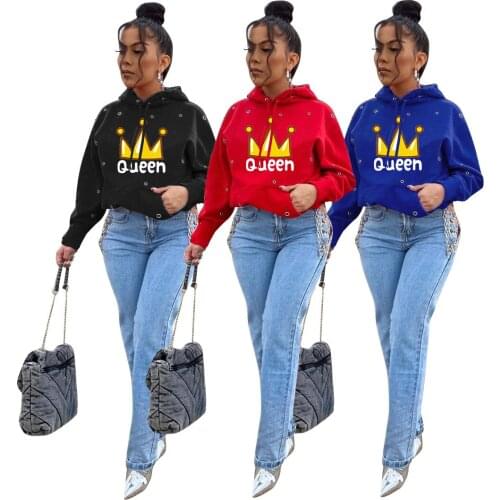 Black Women Sweetshirts Red Blue Queen Pullovers Fleece One Piece Hoodie Korean Fashion Kawaii Clothes Hip Hoop Streetwear Women