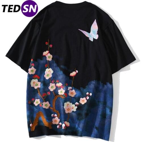 Embroidery Hip Hop Butterfly T Shirt Men 2020 Japanese Style Harajuku Tees Shirts Cotton Oversize Short Sleeve Tops