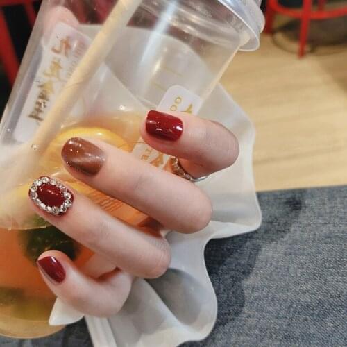 24Pcs Red Wine Rhinestone Artificial False Fingernails Short Square Fake Nails For Design DIY Salon Nail Art Tip Manicure Tool