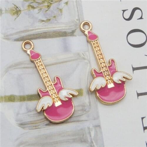 Julie Wang 10PCS Pink Enamel Guitar Shape Alloy charms pendant DIY Bracelet Necklace metal jewelry findings accessories Making