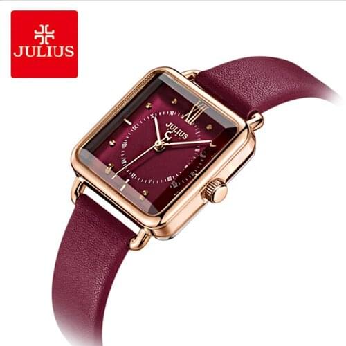 Julius Brand Lady Retro Red Square Leather Watch Woman Casual Waterproof Quartz Dress Wristwatches Clock Montre Femme Gift