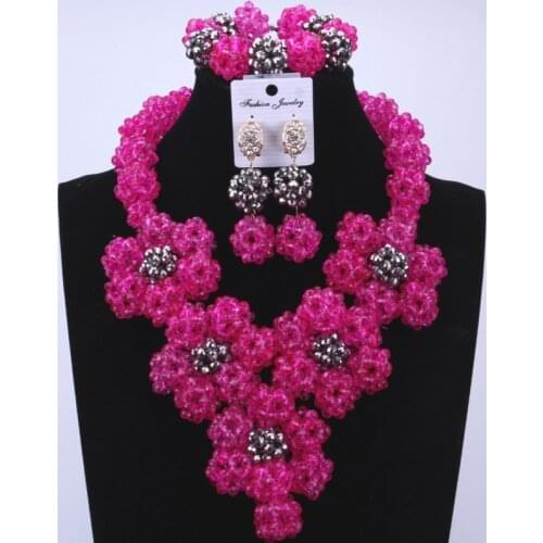 Fabulous Nigerian Fuchsia Balls Wedding African Coral Beads Jewelry Set Crystal Necklace Bracelet Earrings Set Free Shipping