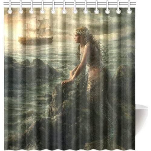 Beautiful Mermaid Art Shower Curtain Abstract Sea and Boat Polyester Fabric Bathroom Decor