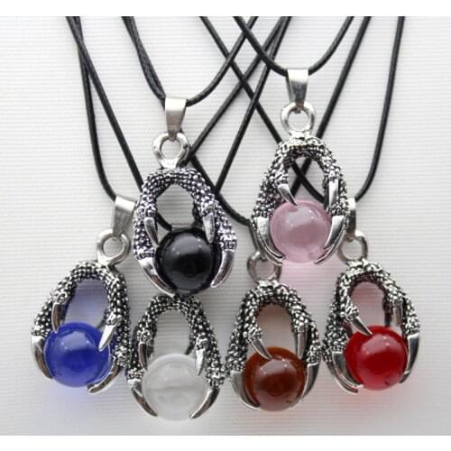 Natural Stone Round Ball Beads Dragon Claw Crystal white red blue black glass Reiki Chakra Pendulum Pendant Necklace Jewelry
