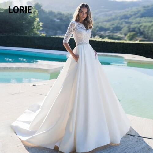 LORIE Dubai Muslim Satin Wedding Dresses for Half Sleeves Lace Beaded Belt Cheap Boho Bridal Gown Beach White Bride Dresses 2020