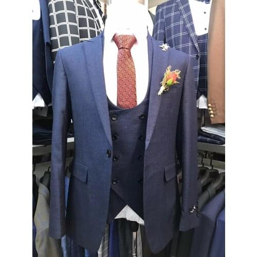 Navy blue Men Wedding Suits BLUE Slim Fit 3 Pieces Tuxedo Groom men floral suits wedding mens suit vest pants mens suit mens