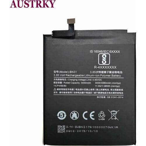 New BN31 3000mAh Battery For Xiaomi A1 Mi5X / Note 5A / pro / Y1 Lite S2 Lithium Polymer Bateria + Tracking Code