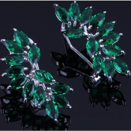 Enchanting Ear Shaped Green Cubic Zirconia Silver Plated Clip Hoop Huggie Earrings V0888