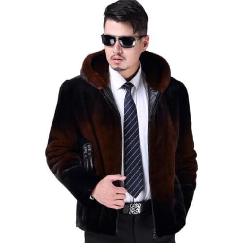 Autumn faux mink leather jacket mens winter Hooded fur leather coat men casual jackets jaqueta de couro fashion brown M - 3XL
