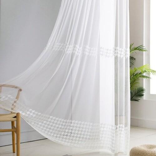 White Geometric Sheer Curtain For Bedroom Embroidered Stripe Translucent Voile Tulle Kitchen Bay Window Treatment Cortinas m237C