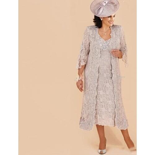 Plus Size Lace Mother Of The Bride Suits Dresses With Long Jacket Knee Length Long Sleeve Mother Of The Groom Gowns