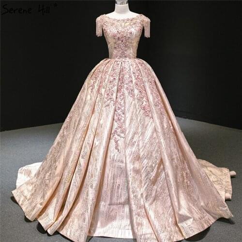 Pink Sleeveless Handmade Flowers Sequins Wedding Dresses 2021 O-Neck Sexy Sparkle Bridal Gowns Serene Hill HM67080 Custom Made