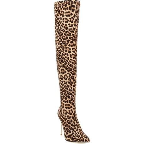 Winter Leopard-print Metal Heeled Sock Boots Super High-heeled Stretch Cloth Shoes Plus Velvet Warm 48 Yard Oversized Knee Boots