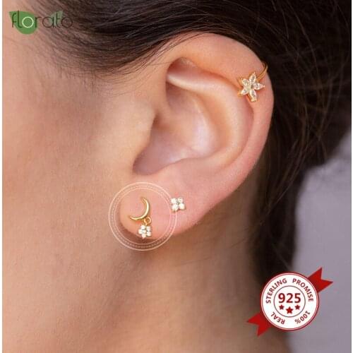 925 Sterling Silver CZ Stud Earrings Crystal Star and Moon Earrings Fashion Jewelry Gift for Friend Girl