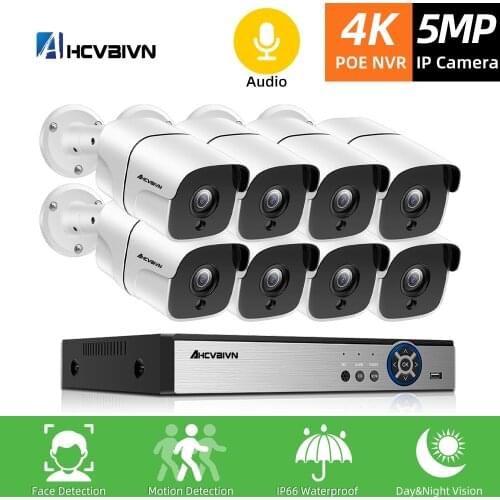 HD 8CH 5MP POE Security Camera System Face Record NVR Outdoor Waterproof IP Camera Audio Record Home Video Surveillance Kit