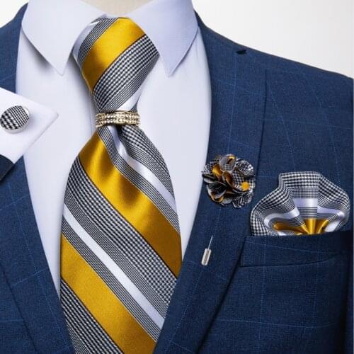 Yellow Striped Men Necktie 100% Silk Men Tie Handkerchief Brooch Neck Tie Ring Luxury Business Tie Gravatas Gift For Men DiBanGu