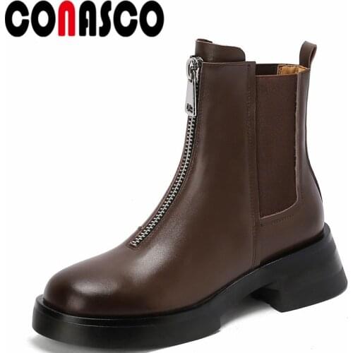 CONASCO Retro Rome Women Ankle Boots Autumn Winter Warm Cow Leather Party Basic Prom Office Boots Concise Punk Shoes Woman