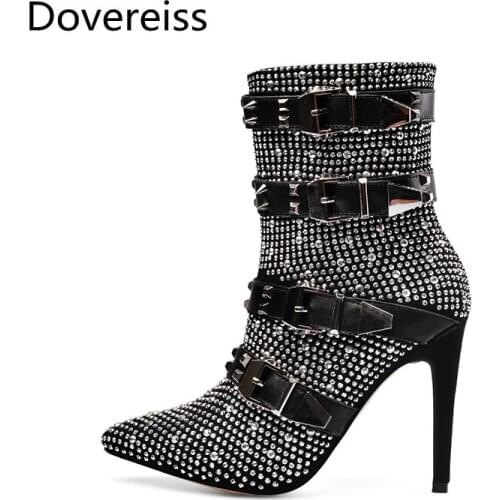 Dovereiss Fashion Womens Shoes Winter Elegant Concise Mature Rivets Pure color Buckle Pointed toe Short boots Stilettos heels43