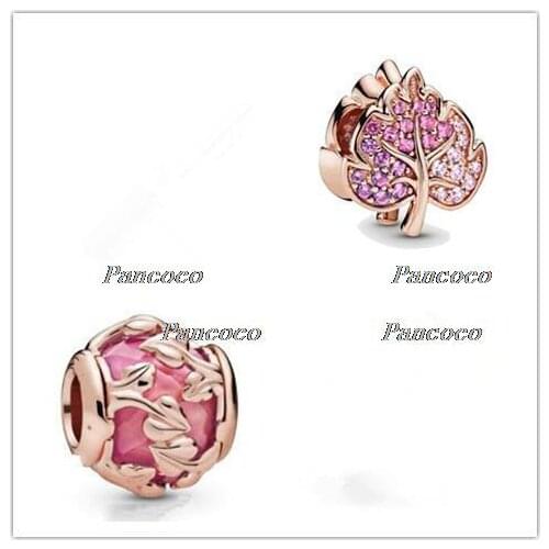 925 Sterling Silver Bead Rose Pink Decorative Leaves Charm Fit Pandora Women Bracelet & Necklace Diy Jewelry