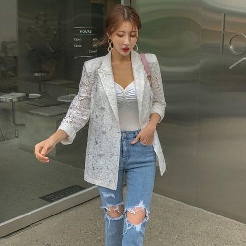 Female Elegant Double Breasted Blazer 2021 New Womens Casual Lace Crochet Cardigan 3/4 Sleeve Sheer Cover Up Jacket Plus Size