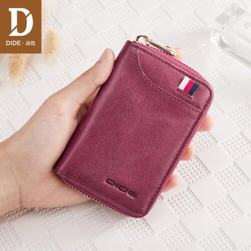 DIDE Slim Genuine Leather Women Wallets Mini Short Female Wallet Card Case ID Holders credit Coin Bag Zipper purse Wine Red
