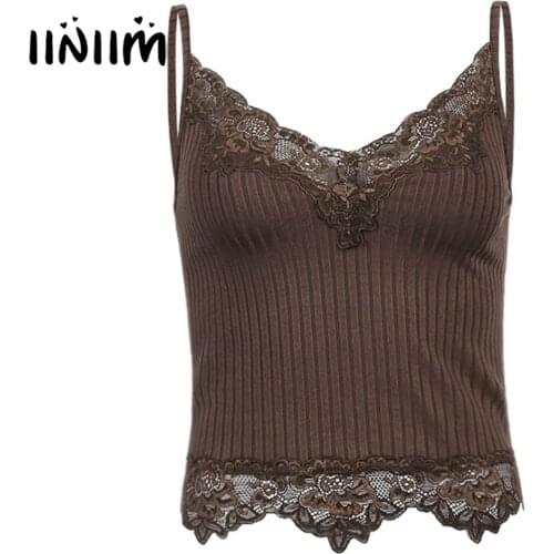 Womens Lace Trimming V Neck Crop Top Summer Beach Solid Color Tank Top Sleeveless Ribbed Camisole Spaghetti Strap Vest