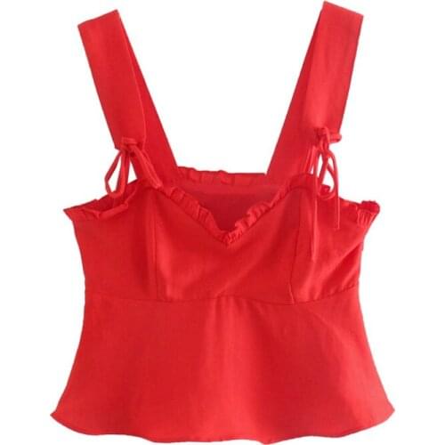 Women Summer 2021 Red Color Ruffles Camis Fashion Bow Tie Sleeveless Backless Cropped Tops Female Sexy Camisole Tops
