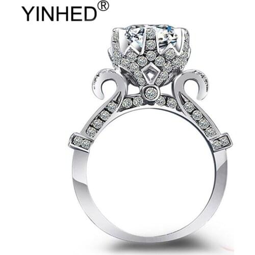 YINHED Luxury Women Lotus Flower Ring Original 925 Sterling Silver Jewelry 1 ct CZ Zircon Engagement Rings For Bride Women ZS902