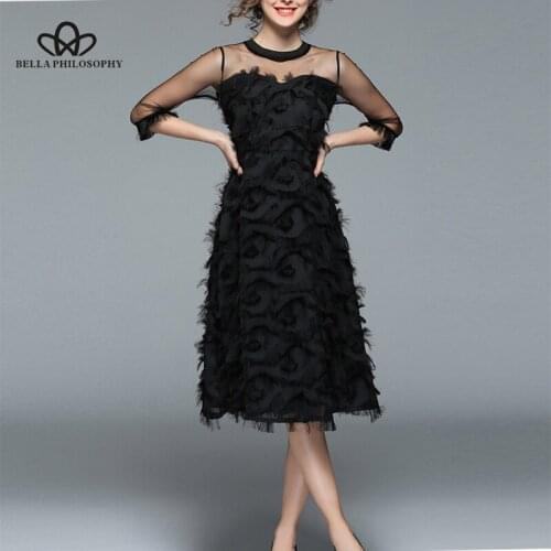 Bella Philosophy Spring O-Neck A-Line Solid Women Dress Knee-Length Half Sleeves Elegant Black Dress Sexy Evening Women Dress