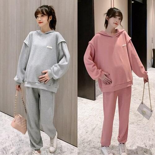 3116# Autumn Sports Casual Cotton Maternity Hoodies Sweatpants Sets Loose Fashion Sweatshirts Suits Clothes for Pregnant Women